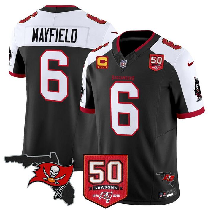 Men's Tampa Bay Buccaneers #6 Baker Mayfield Black Alternate F.U.S.E. 50th Season & 4-Star C Patch Vapor Limited Stitched Football Jersey Men's Tampa Bay Buccaneers #6 Baker Mayfield Black Alternate F.U.S.E. 50th Season & 4-Star C Patch Vapor Limited Stitched Football Jersey
