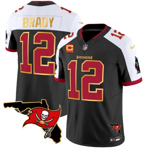 Men's Tampa Bay Buccaneers #12 Tom Brady Black White F.U.S.E. With 4-Star C Ptach And Florida Patch Gold Trim Vapor Stitched Jersey