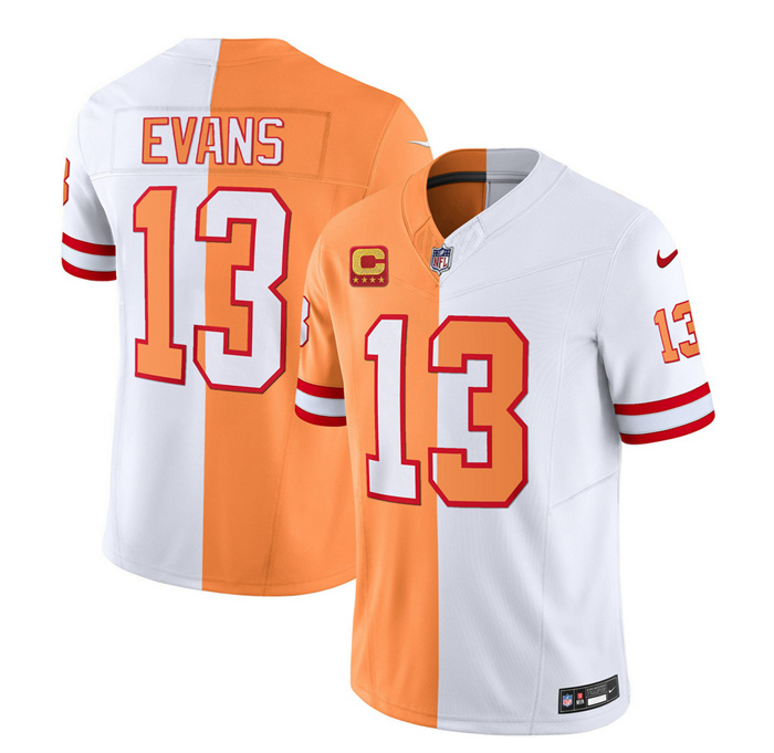 Men's Tampa Bay Buccaneers #13 Mike Evans 2023 F.U.S.E. White Gold With 4-Star C Patch Split Throwback Limited Stitched Jersey Men's Tampa Bay Buccaneers #13 Mike Evans 2023 F.U.S.E. White Gold With 4-Star C Patch Split Throwback Limited Stitched Jersey