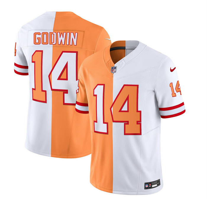 Men's Tampa Bay Buccaneers #14 Chris Godwin 2023 F.U.S.E. White Gold Split Throwback Limited Stitched Jersey Men's Tampa Bay Buccaneers #14 Chris Godwin 2023 F.U.S.E. White Gold Split Throwback Limited Stitched Jersey