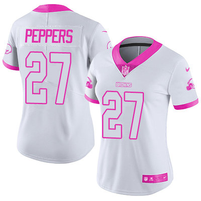 Nike Browns #27 Jabrill Peppers White Pink Women's Stitched NFL Limited Rush Fashion Jersey