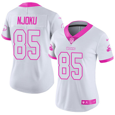 Nike Browns #85 David Njoku White Pink Women's Stitched NFL Limited Rush Fashion Jersey