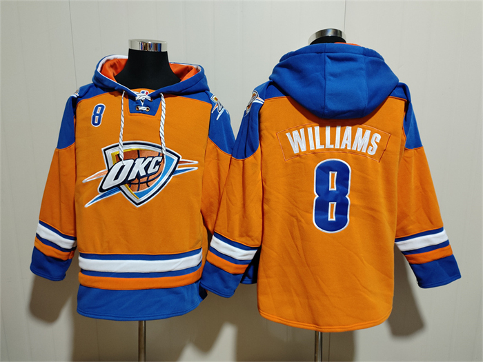 Men's Oklahoma City Thunder #8 Jalen Williams Orange Blue Lace-Up Pullover Hoodie