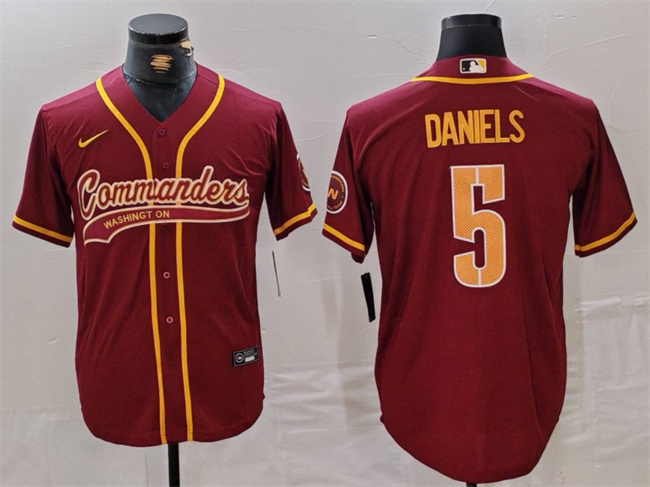 Men's Washington Commanders #5 Jayden Daniels Burgundy With Patch Cool Base Stitched Baseball Jersey Men's Washington Commanders #5 Jayden Daniels Burgundy With Patch Cool Base Stitched Baseball Jersey