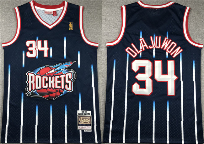 Men's Houston Rockets #34 Hakeem Olajuwon Navy 1996-97 Mitchell & Ness Hardwood Classics Swingman Stitched Basketball Jersey