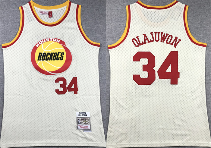 Men's Houston Rockets #34 Hakeem Olajuwon White Mitchell & Ness Hardwood Classics Swingman Stitched Basketball Jersey