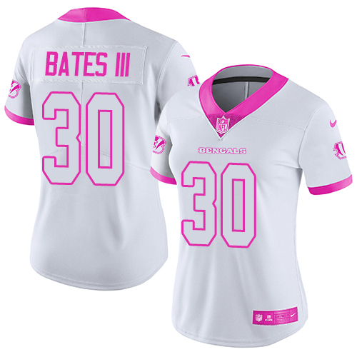 Nike Bengals #30 Jessie Bates III White Pink Women's Stitched NFL Limited Rush Fashion Jersey Nike Bengals #30 Jessie Bates III White Pink Women's Stitched NFL Limited Rush Fashion Jersey