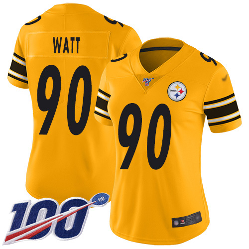 Steelers #90 T. J. Watt Gold Women's Stitched Football Limited Inverted Legend 100th Season Jersey Steelers #90 T. J. Watt Gold Women's Stitched Football Limited Inverted Legend 100th Season Jersey