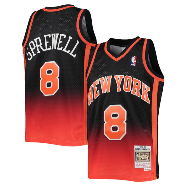 Men's New York Knicks #8 Latrell Sprewell 1998-99 Orange Black Throwback Stitched Jersey