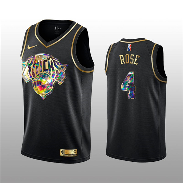 Men's New York Knicks #4 Derrick Rose 2021 22 Black Golden Edition 75th Anniversary Diamond Logo Stitched Basketball Jersey