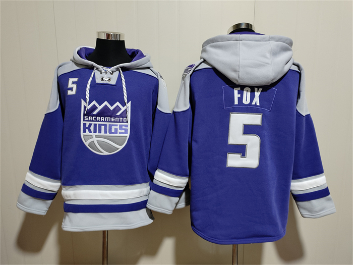 Men's Sacramento Kings #5 De'Aaron Fox Blue Grey Lace-Up Pullover Hoodie