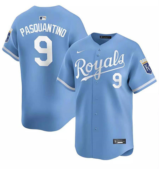 Men's Kansas City Royals #9 Vinnie Pasquantino Light Blue Alternate Limited Stitched Baseball Jersey Men's Kansas City Royals #9 Vinnie Pasquantino Light Blue Alternate Limited Stitched Baseball Jersey