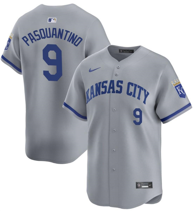 Men's Kansas City Royals #9 Vinnie Pasquantino Grey 2024 Away Limited Stitched Baseball Jersey Men's Kansas City Royals #9 Vinnie Pasquantino Grey 2024 Away Limited Stitched Baseball Jersey