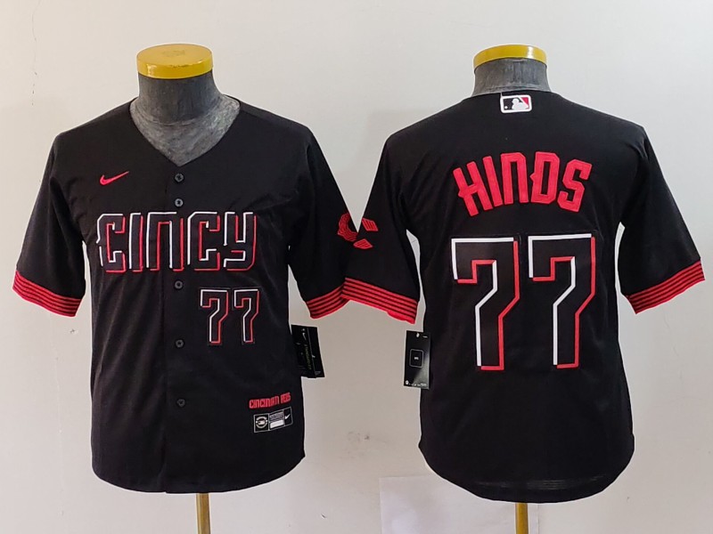 Youth Cincinnati Reds #77 Rece Hinds Black 2023 City Connect Stitched Baseball Jersey 2 Youth Cincinnati Reds #77 Rece Hinds Black 2023 City Connect Stitched Baseball Jersey 2