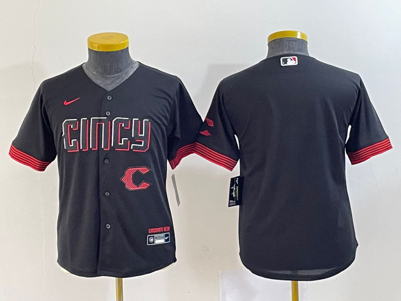 Youth Cincinnati Reds Black 2023 City Connect With Patch Stitched Baseball Jersey Youth Cincinnati Reds Black 2023 City Connect With Patch Stitched Baseball Jersey
