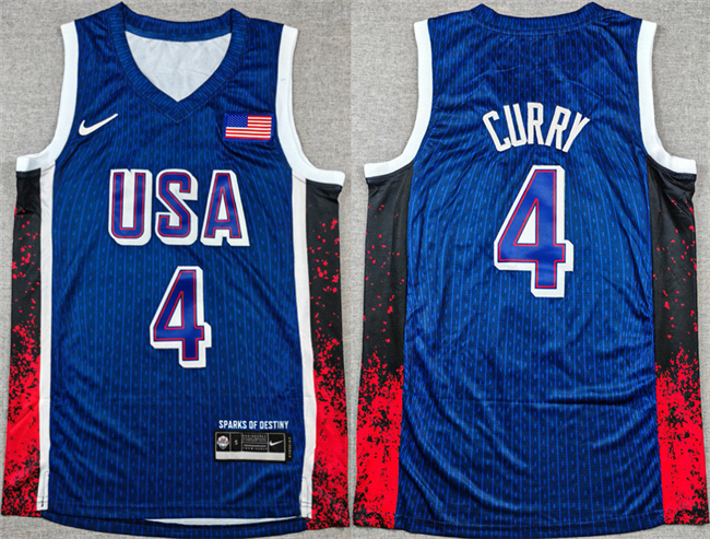 Men's USA Basketball #4 Stephen Curry Navy 2024 Olympics Stitched Jersey