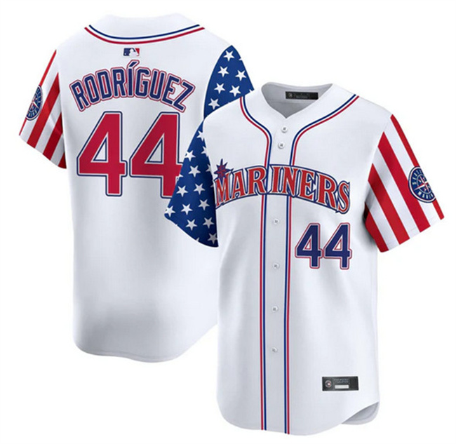 Men's Seattle Mariners #44 Julio Rodríguez White 2025 Independence Day Limited Stitched jersey Men's Seattle Mariners #44 Julio Rodríguez White 2025 Independence Day Limited Stitched jersey