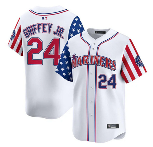 Men's Seattle Mariners #24 Ken Griffey Jr. White 2025 Independence Day Limited Stitched jersey Men's Seattle Mariners #24 Ken Griffey Jr. White 2025 Independence Day Limited Stitched jersey