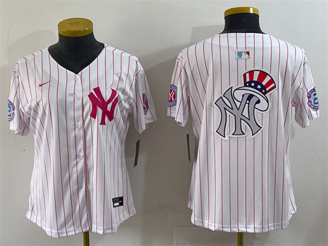 Women's New York Yankees Team Big Logo White Pink Pinstripe Limited Stitched Baseball Jersey 004(Run Small) Women's New York Yankees Team Big Logo White Pink Pinstripe Limited Stitched Baseball Jersey 004(Run Small)
