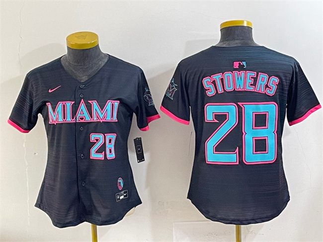Women's Miami Marlins #28 Kyle Stowers Black 2025 City Connect Limited Stitched Baseball Jersey Women's Miami Marlins #28 Kyle Stowers Black 2025 City Connect Limited Stitched Baseball Jersey