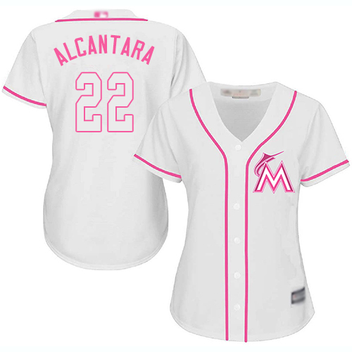 Marlins #22 Sandy Alcantara White Pink Fashion Women's Stitched Baseball Jersey Marlins #22 Sandy Alcantara White Pink Fashion Women's Stitched Baseball Jersey