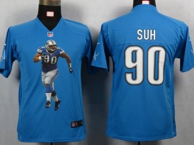 Youth NEW Detroit Lions 90 Suh Blue Portrait Fashion Game Jerseys