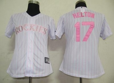 Women Jerseys Colorado Rockies 17 Helton White(Pink strip)