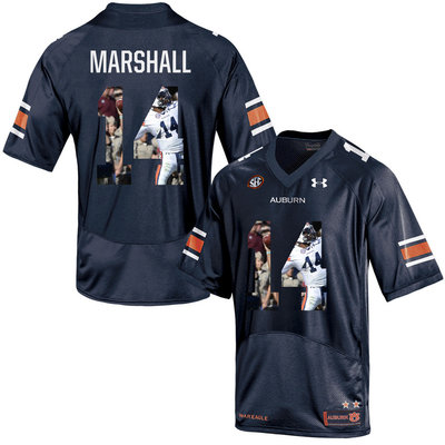 Auburn Tigers 14 Nick Marshall Navy With Portrait Print College Football Jersey2