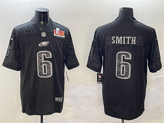 Men's Philadelphia Eagles #6 DeVonta Smith Black 2025 Super Bowl LIX Patch Reflective Vapor Untouchable Limited Stitched Football Jersey Men's Philadelphia Eagles #6 DeVonta Smith Black 2025 Super Bowl LIX Patch Reflective Vapor Untouchable Limited Stitched Football Jersey