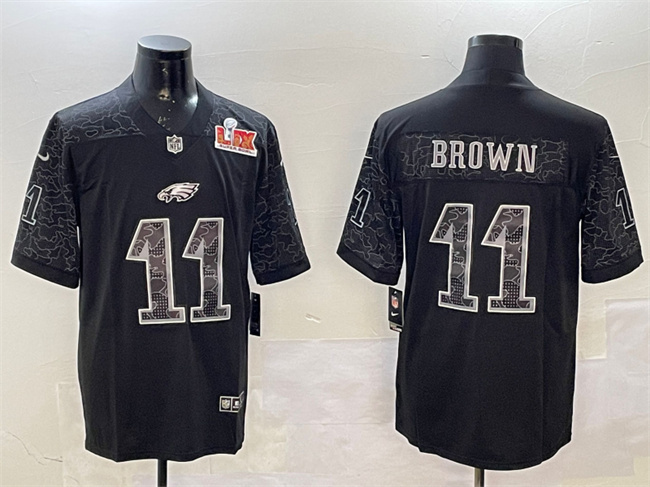 Men's Philadelphia Eagles #11 A.J. Brown Black 2025 Super Bowl LIX Patch Reflective Vapor Untouchable Limited Stitched Football Jersey Men's Philadelphia Eagles #11 A.J. Brown Black 2025 Super Bowl LIX Patch Reflective Vapor Untouchable Limited Stitched Football Jersey
