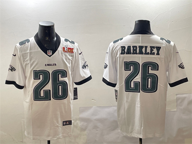 Men's Philadelphia Eagles #26 Saquon Barkley White 2025 Super Bowl LIX Patch New Vapor Untouchable Limited Stitched Football Jersey Men's Philadelphia Eagles #26 Saquon Barkley White 2025 Super Bowl LIX Patch New Vapor Untouchable Limited Stitched Football Jersey