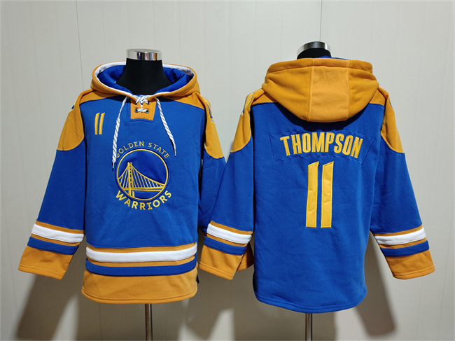 Men's Golden State Warriors #11 Klay Thompson Blue Yellow Lace-Up Pullover Hoodie Men's Golden State Warriors #11 Klay Thompson Blue Yellow Lace-Up Pullover Hoodie