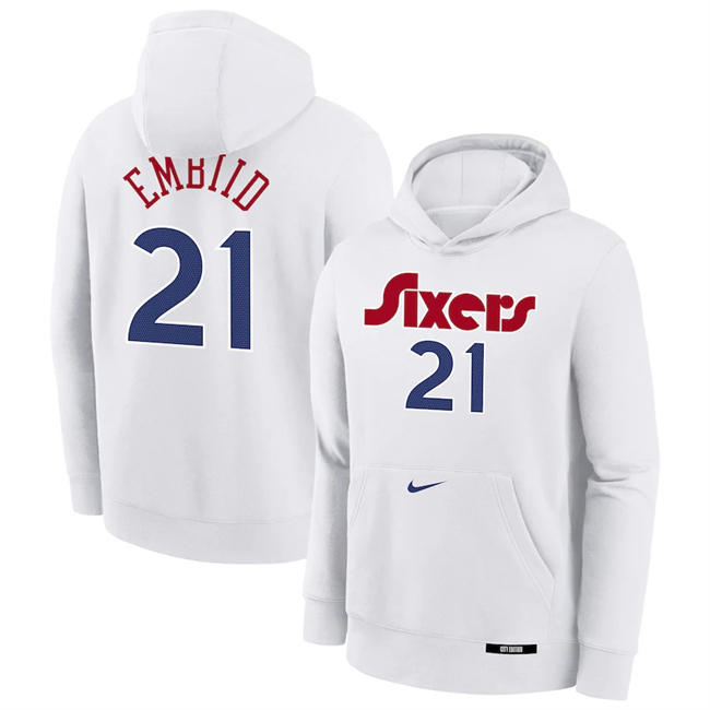 Men's Philadelphia 76ers #21 Joel Embiid White 2024 25 City Edition Fleece Club Pullover Hoodie Men's Philadelphia 76ers #21 Joel Embiid White 2024 25 City Edition Fleece Club Pullover Hoodie