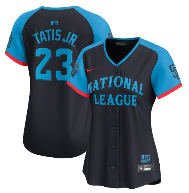 Women's National League #23 Fernando Tatis Jr. Navy 2024 All-Star Limited Stitched Baseball Jersey(Run Small) Women's National League #23 Fernando Tatis Jr. Navy 2024 All-Star Limited Stitched Baseball Jersey(Run Small)