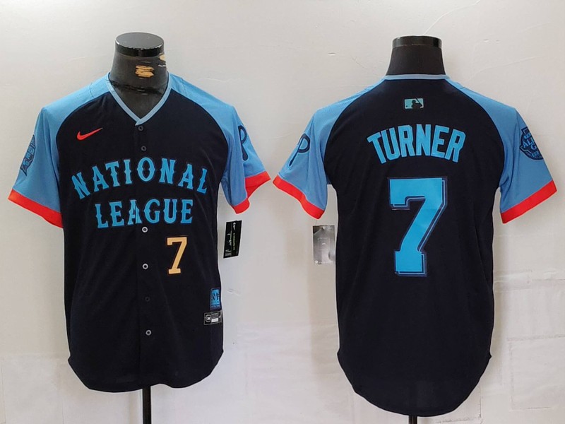 Men's National League #7 Trea Turner Navy 2024 All-Star Limited Stitched Baseball Jersey 3 Men's National League #7 Trea Turner Navy 2024 All-Star Limited Stitched Baseball Jersey 3