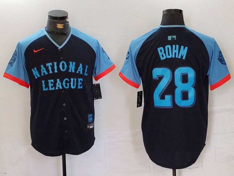 Men's National League #28 Alec Bohm Navy 2024 All-Star Limited Stitched Baseball Jersey 8 Men's National League #28 Alec Bohm Navy 2024 All-Star Limited Stitched Baseball Jersey 8