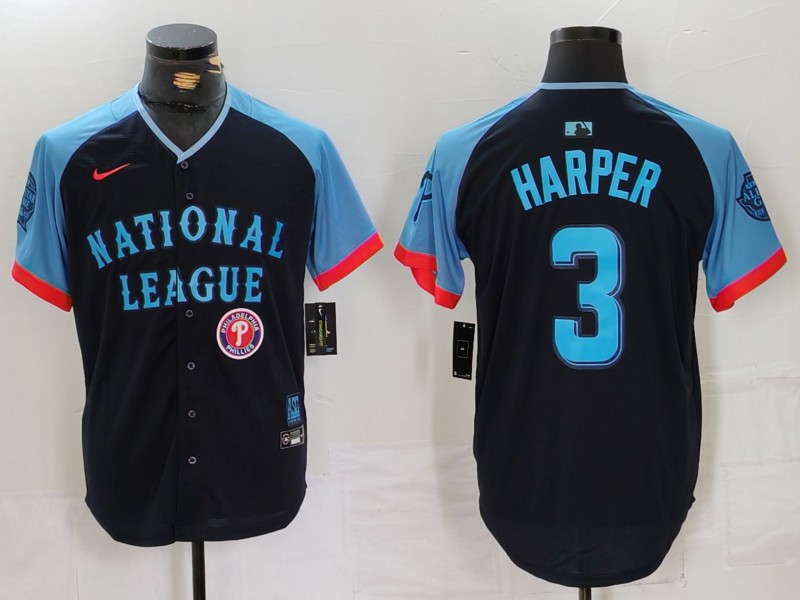 Men's National League #3 Bryce Harper Navy 2024 All-Star Limited Stitched Baseball Jersey Men's National League #3 Bryce Harper Navy 2024 All-Star Limited Stitched Baseball Jersey