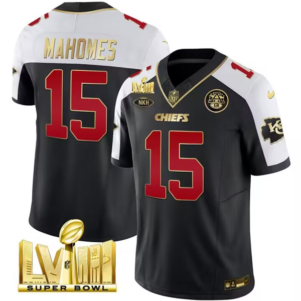 Men's Kansas City Chiefs #15 Patrick Mahomes Black White 2024 F.U.S.E. Super Bowl LVIII Patch With NKH Patch Vapor Untouchable Limited Stitched Football Jersey Men's Kansas City Chiefs #15 Patrick Mahomes Black White 2024 F.U.S.E. Super Bowl LVIII Patch With NKH Patch Vapor Untouchable Limited Stitched Football Jersey