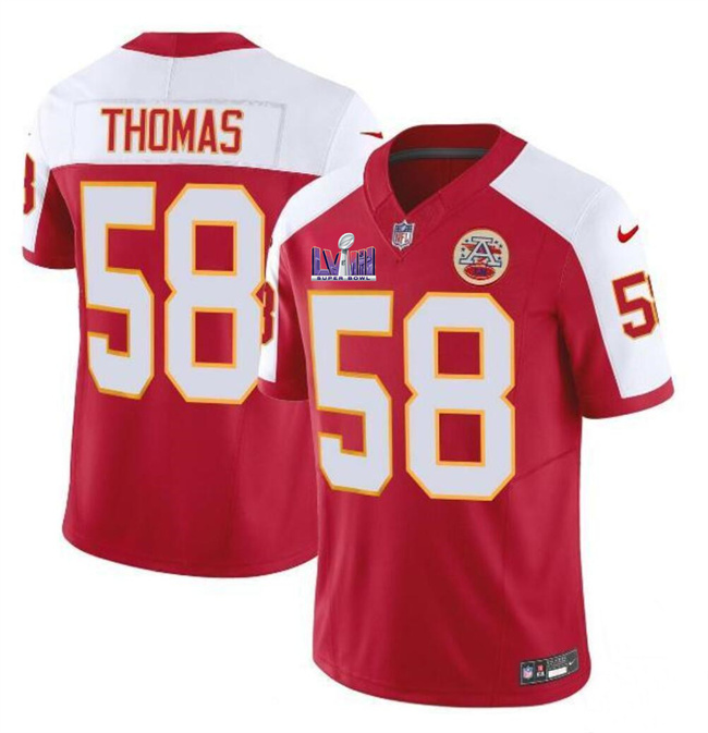 Men's Kansas City Chiefs #58 Derrick Thomas Red White F.U.S.E. Super Bowl LVIII Patch Vapor Untouchable Limited Stitched Football Jersey Men's Kansas City Chiefs #58 Derrick Thomas Red White F.U.S.E. Super Bowl LVIII Patch Vapor Untouchable Limited Stitched Football Jersey