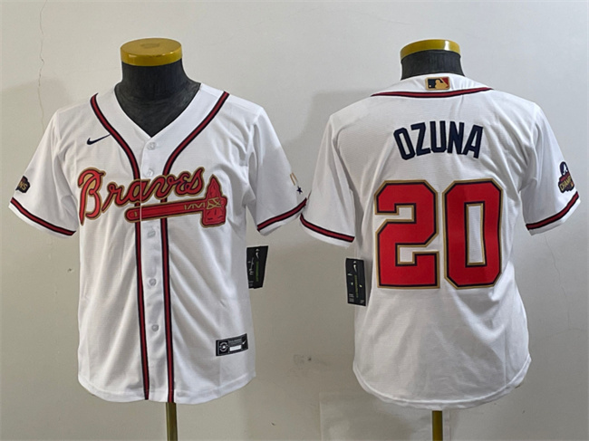 Youth Atlanta Braves #20 Marcell Ozuna White Gold World Series Champions Program Stitched Jersey Youth Atlanta Braves #20 Marcell Ozuna White Gold World Series Champions Program Stitched Jersey