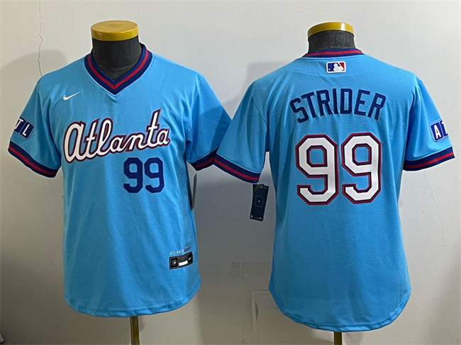 Youth Atlanta Braves #99 Spencer Strider Powder Blue 2026 City Connect Stadium Stitched Baseball Jersey Youth Atlanta Braves #99 Spencer Strider Powder Blue 2026 City Connect Stadium Stitched Baseball Jersey