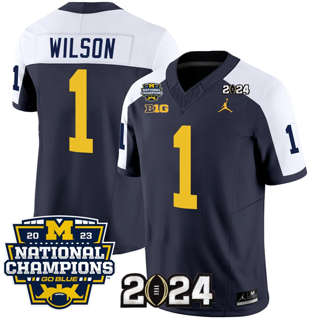 Men's Michigan Wolverines #1 Roman Wilson Navy White 2024 F.U.S.E. With 2023 National Champions Patch Stitched Jersey Men's Michigan Wolverines #1 Roman Wilson Navy White 2024 F.U.S.E. With 2023 National Champions Patch Stitched Jersey