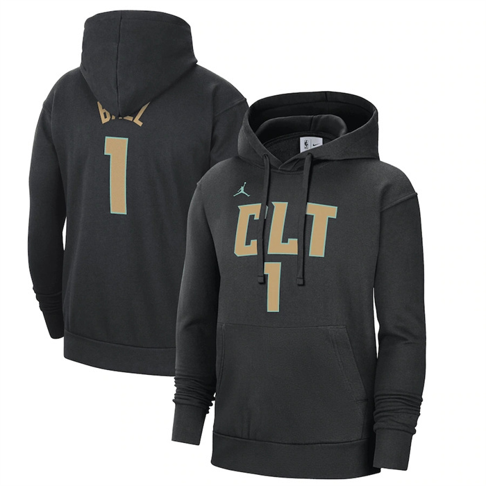 Men's Charlotte Hornets #1 LaMelo Ball Black 2022 23 City Edition Name & Number Essential Pullover Hoodie