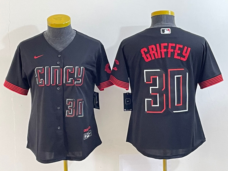 Women's Cincinnati Reds #30 Ken Griffey Jr. Black 2023 City Connect With Patch Stitched Baseball Jersey(Run Small) Women's Cincinnati Reds #30 Ken Griffey Jr. Black 2023 City Connect With Patch Stitched Baseball Jersey(Run Small)