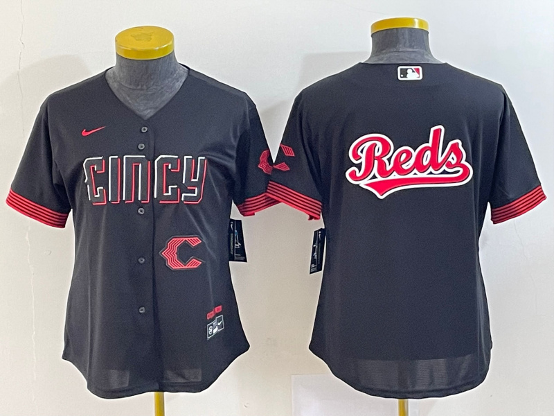 Women's Cincinnati Reds Black Team Big Logo 2023 City Connect With Patch Stitched Baseball Jersey(Run Small) Women's Cincinnati Reds Black Team Big Logo 2023 City Connect With Patch Stitched Baseball Jersey(Run Small)