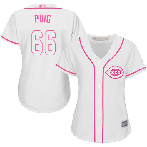 Reds #66 Yasiel Puig White Pink Fashion Women's Stitched Baseball Jersey Reds #66 Yasiel Puig White Pink Fashion Women's Stitched Baseball Jersey