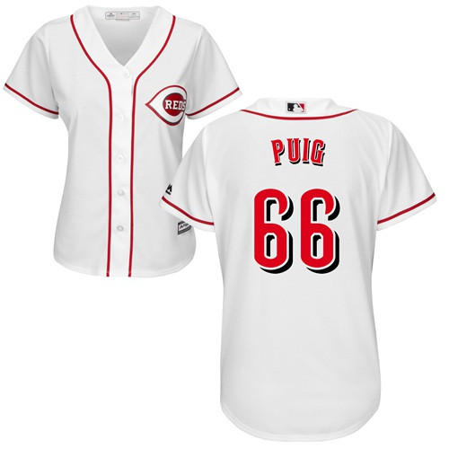 Reds #66 Yasiel Puig White Home Women's Stitched Baseball Jersey Reds #66 Yasiel Puig White Home Women's Stitched Baseball Jersey