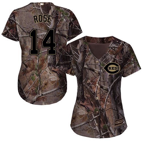 Reds #14 Pete Rose Camo Realtree Collection Cool Base Women's Stitched Baseball Jersey