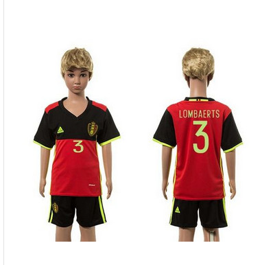Belgium #3 Lombaerts Red Home Kid Soccer Country Jersey