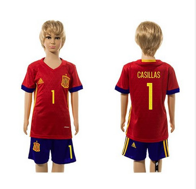 Spain #1 Casillas Red Home Kid Soccer Country Jersey